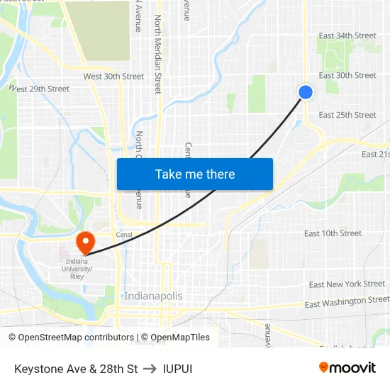 Keystone Ave & 28th St to IUPUI map