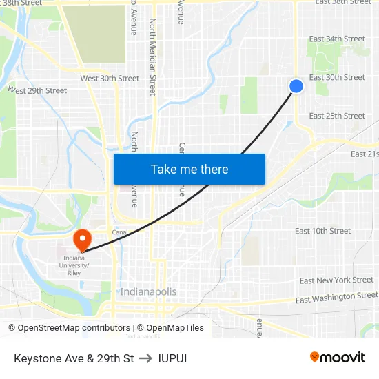 Keystone Ave & 29th St to IUPUI map