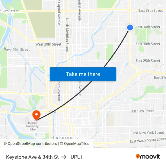 Keystone Ave & 34th St to IUPUI map