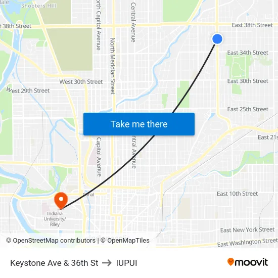 Keystone Ave & 36th St to IUPUI map
