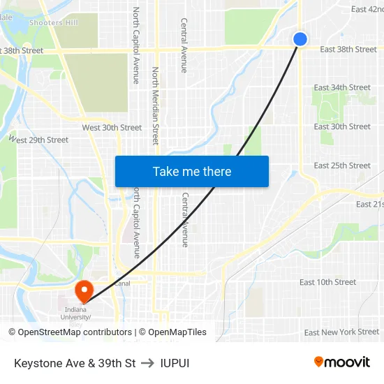 Keystone Ave & 39th St to IUPUI map