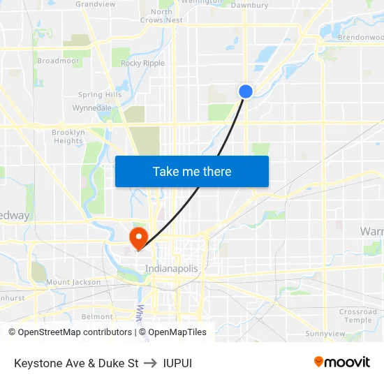 Keystone Ave & Duke St to IUPUI map
