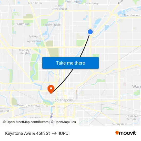 Keystone Ave & 46th St to IUPUI map