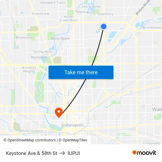 Keystone Ave & 58th St to IUPUI map