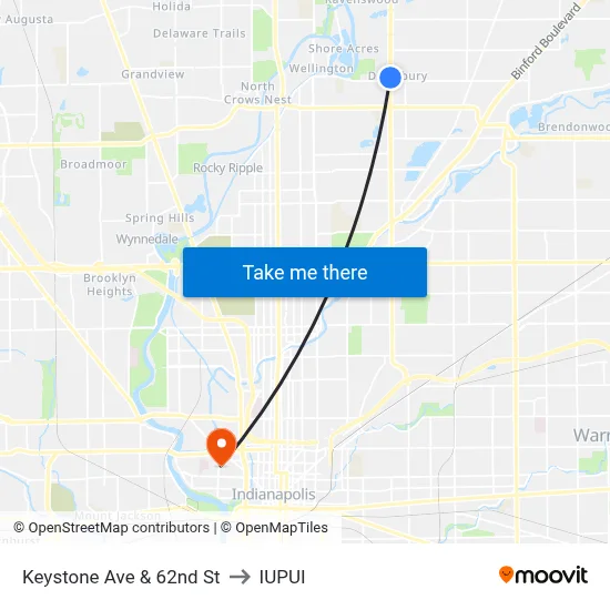 Keystone Ave & 62nd St to IUPUI map