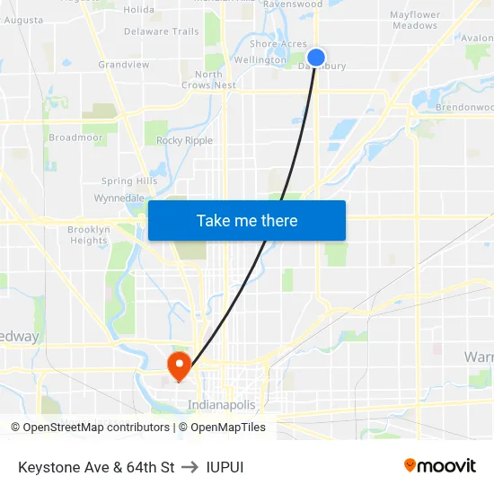 Keystone Ave & 64th St to IUPUI map
