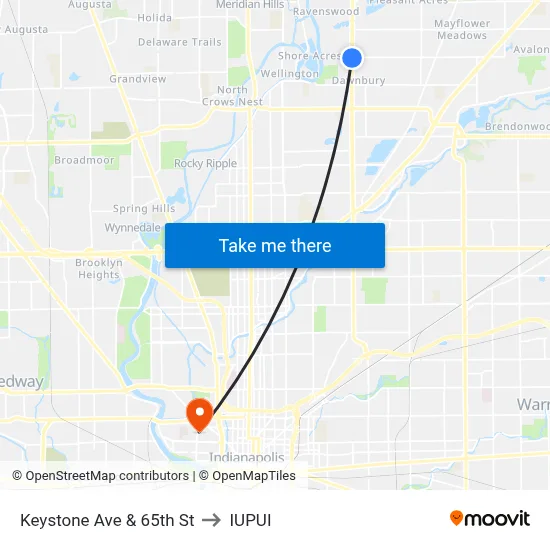 Keystone Ave & 65th St to IUPUI map