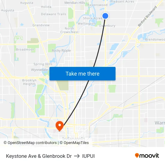 Keystone Ave & Glenbrook Dr to IUPUI map