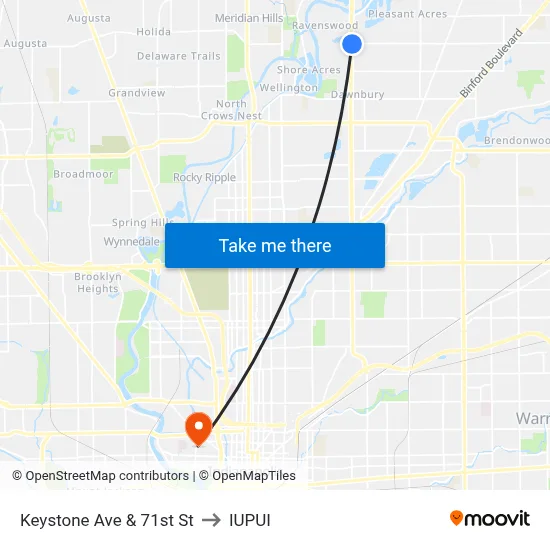 Keystone Ave & 71st St to IUPUI map