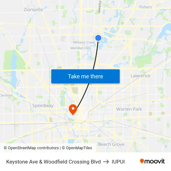 Keystone Ave & Woodfield Crossing Blvd to IUPUI map