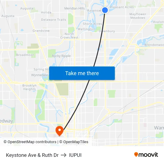 Keystone Ave & Ruth Dr to IUPUI map