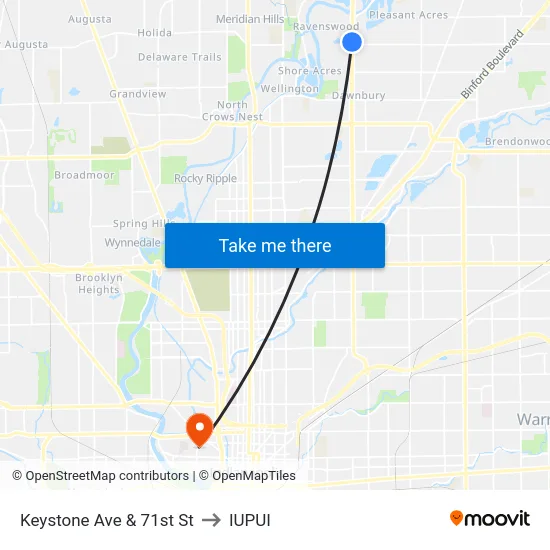 Keystone Ave & 71st St to IUPUI map
