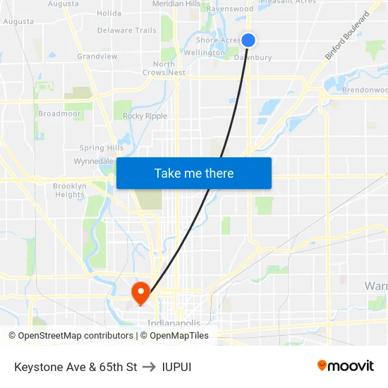 Keystone Ave & 65th St to IUPUI map