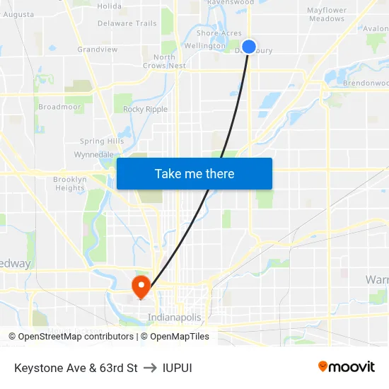 Keystone Ave & 63rd St to IUPUI map
