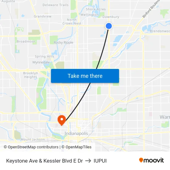 Keystone Ave & Kessler Blvd E Dr to IUPUI map