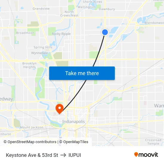 Keystone Ave & 53rd St to IUPUI map