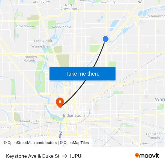 Keystone Ave & Duke St to IUPUI map