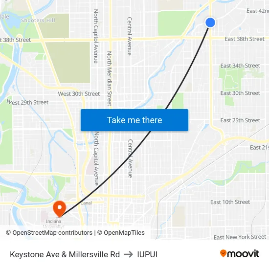 Keystone Ave & Millersville Rd to IUPUI map