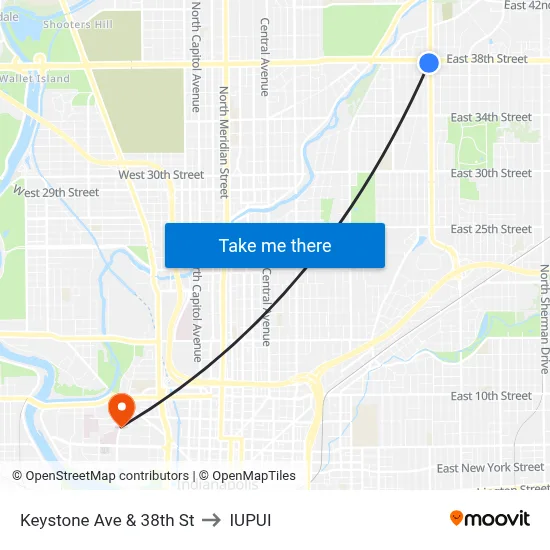 Keystone Ave & 38th St to IUPUI map