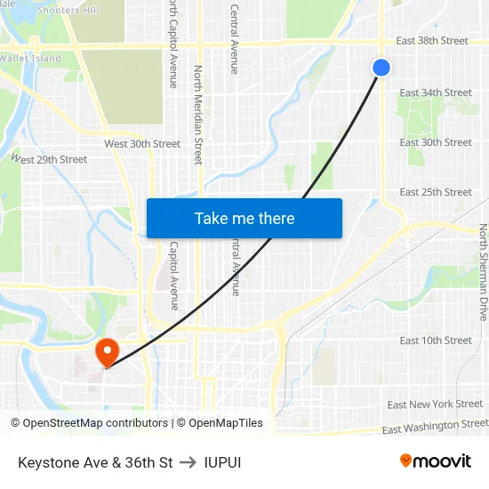 Keystone Ave & 36th St to IUPUI map