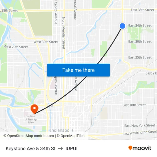 Keystone Ave & 34th St to IUPUI map