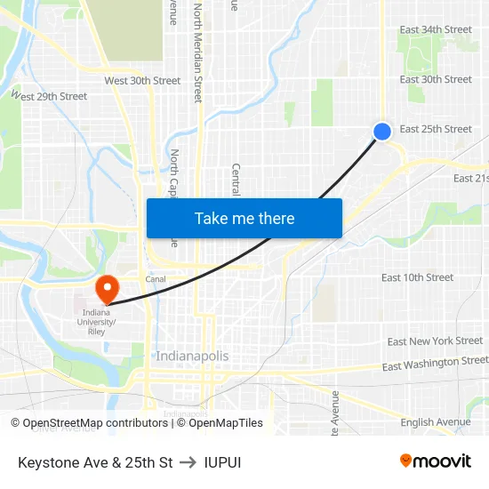 Keystone Ave & 25th St to IUPUI map