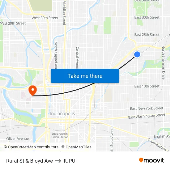 Rural St & Bloyd Ave to IUPUI map