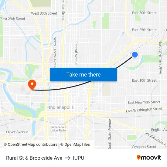 Rural St & Brookside Ave to IUPUI map