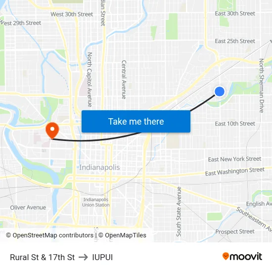 Rural St & 17th St to IUPUI map
