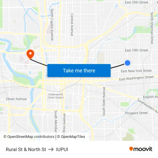 Rural St & North St to IUPUI map