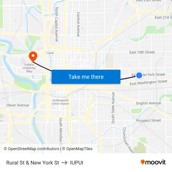 Rural St & New York St to IUPUI map