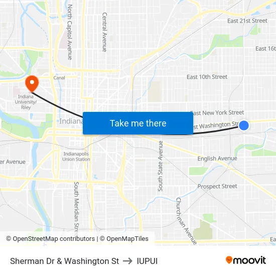 Sherman Dr & Washington St to IUPUI map