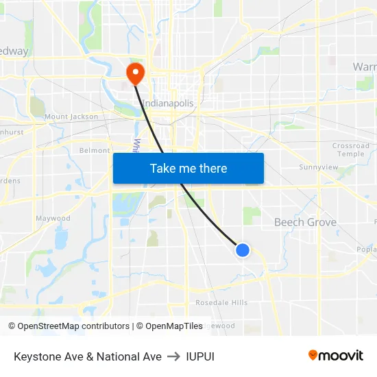 Keystone Ave & National Ave to IUPUI map