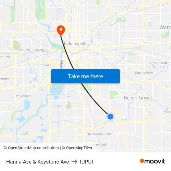 Hanna Ave & Keystone Ave to IUPUI map