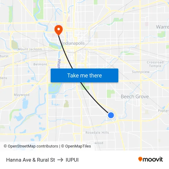 Hanna Ave & Rural St to IUPUI map