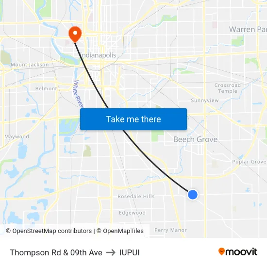 Thompson Rd & 09th Ave to IUPUI map