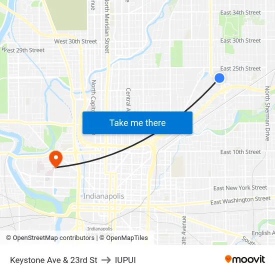 Keystone Ave & 23rd St to IUPUI map