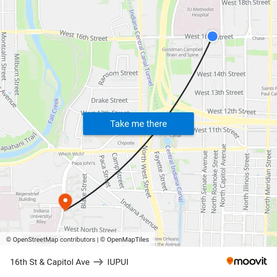 16th St & Capitol Ave to IUPUI map