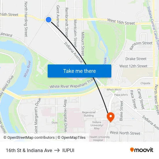 16th St & Indiana Ave to IUPUI map