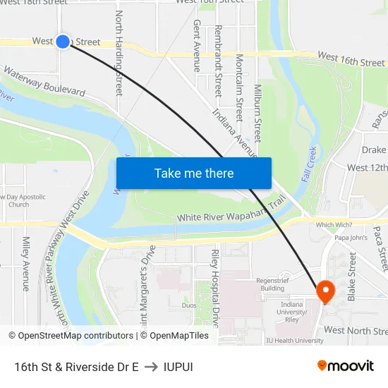 16th St & Riverside Dr E to IUPUI map
