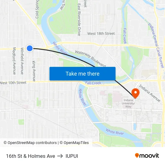 16th St & Holmes Ave to IUPUI map