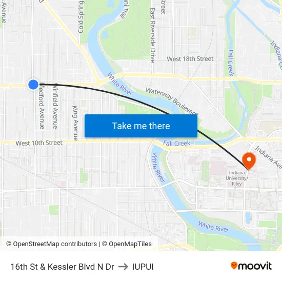 16th St & Kessler Blvd N Dr to IUPUI map