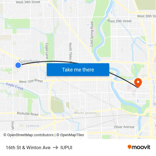 16th St & Winton Ave to IUPUI map