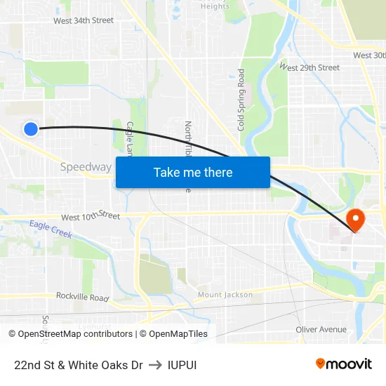22nd St & White Oaks Dr to IUPUI map