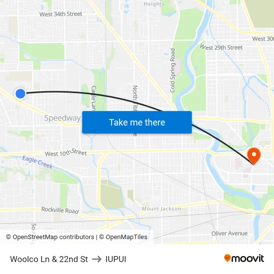 Woolco Ln & 22nd St to IUPUI map