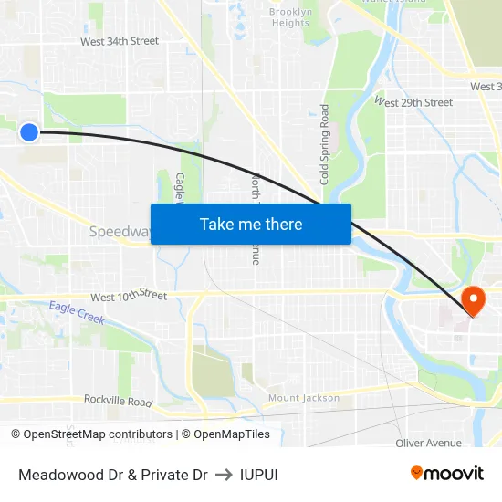 Meadowood Dr & Private Dr to IUPUI map
