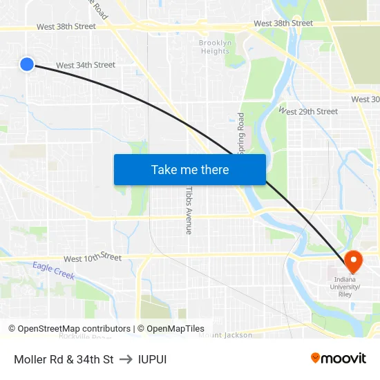 Moller Rd & 34th St to IUPUI map