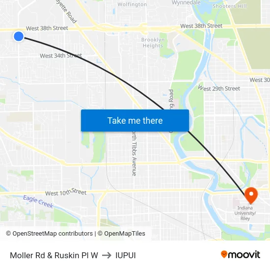 Moller Rd & Ruskin Pl W to IUPUI map