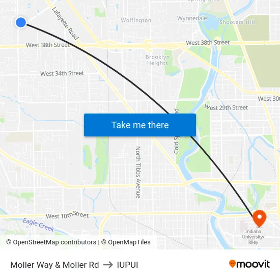Moller Way & Moller Rd to IUPUI map