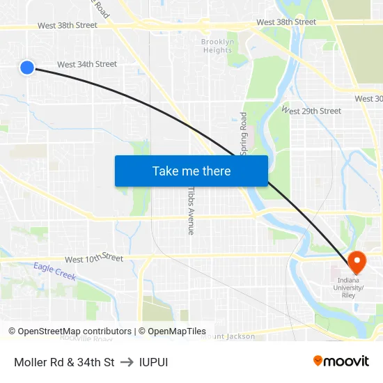 Moller Rd & 34th St to IUPUI map